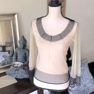 Vtg 90 Y2K Italian designer cream Nude w/black trim sheer mesh Top 42